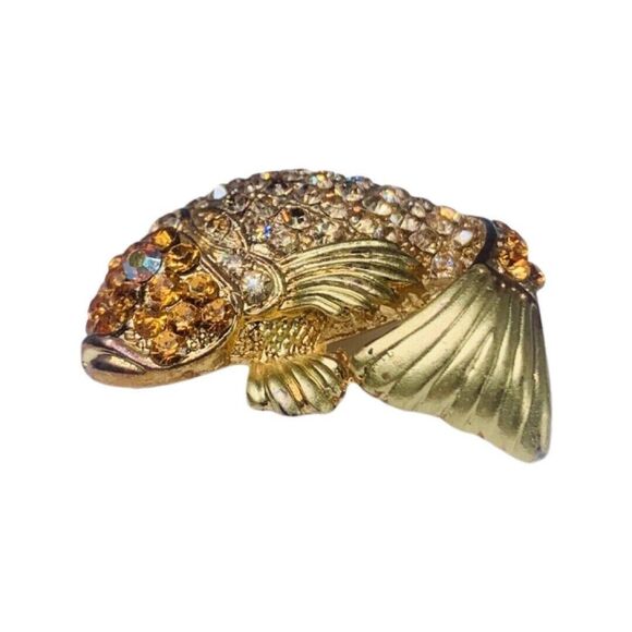 Crystal Japanese Koi Fish Brooch Pin 1.5” Gold Tone Whimsical Fish Vintage - Picture 4 of 16